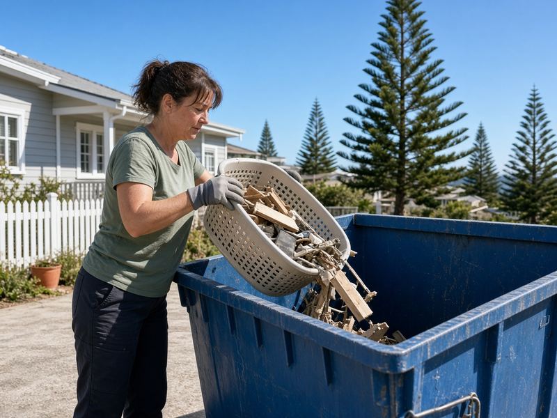 Woman tipping a basket of garden waste into a skip bin